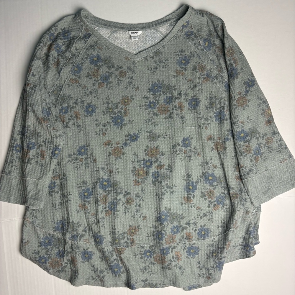 Sonoma Women's XXL Shirt Gray Floral Thermal 3/4 Sleeve V-Neck Polyester Blend